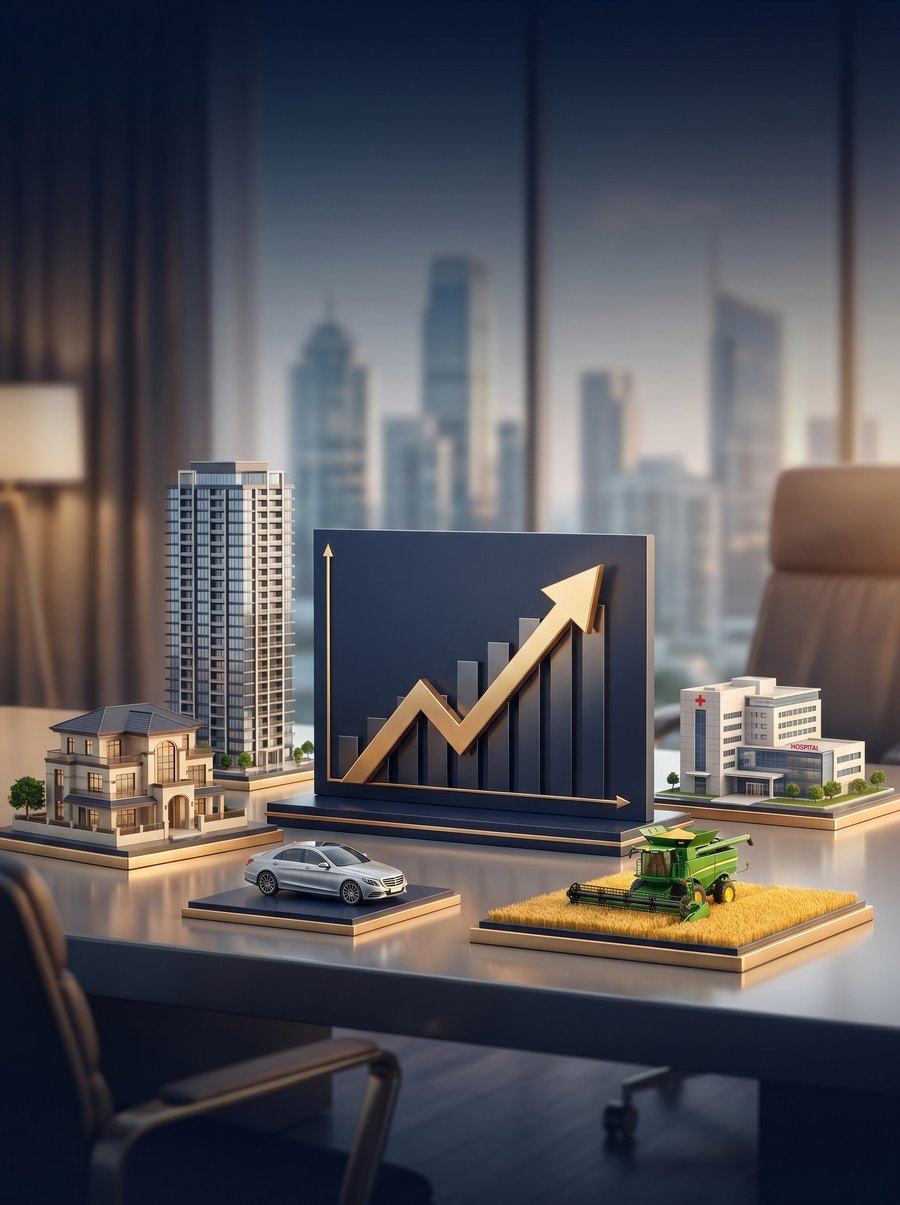 Patrimônio em crescimento: imóvel, prédio, veículo, saúde e agro sobre a mesa do empresário, com gráfico de evolução financeira